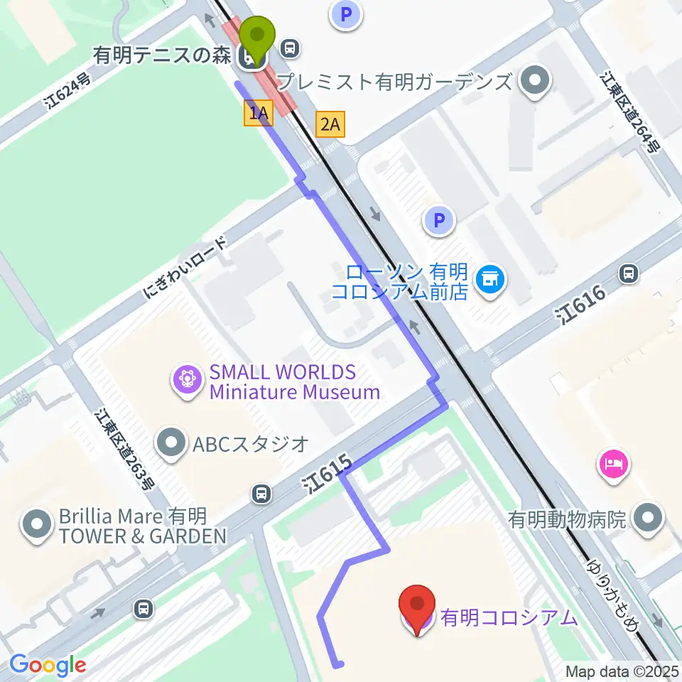 有明テニスの森駅から有明コロシアムへのルートマップ地図