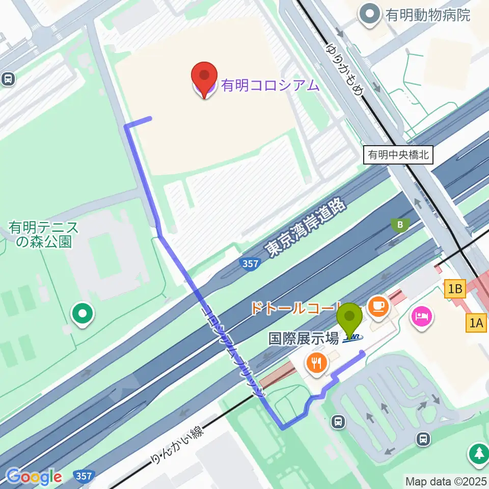 有明コロシアムの最寄駅国際展示場駅からの徒歩ルート（約4分）地図