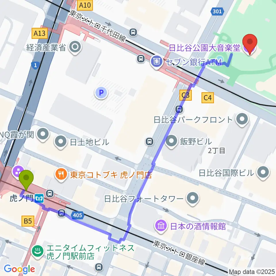 虎ノ門駅から日比谷野音へのルートマップ地図