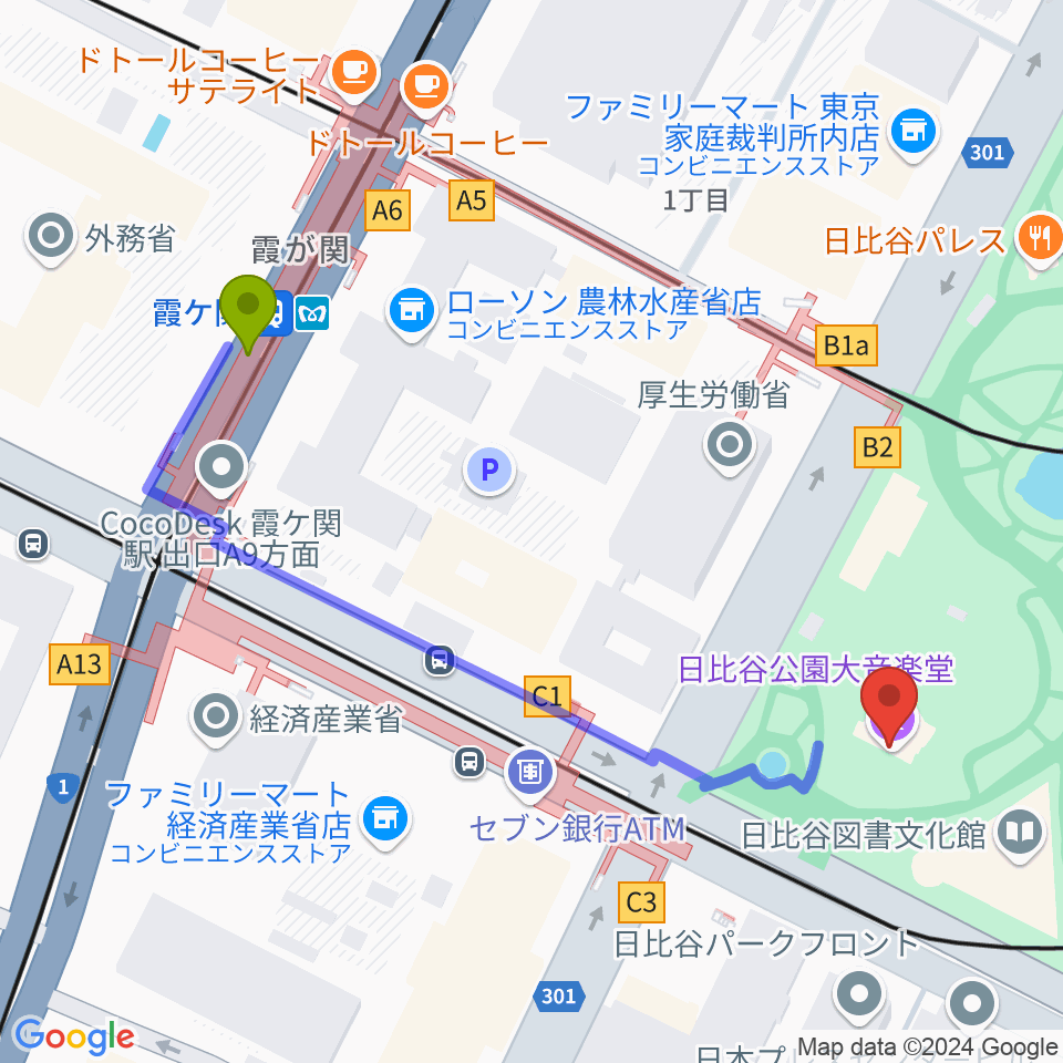 霞ケ関駅から日比谷公園大音楽堂（日比谷野音）へのルートマップ地図