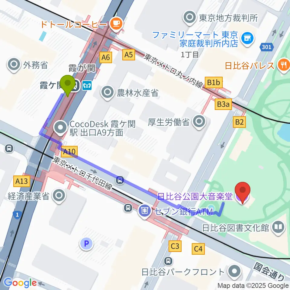 霞ケ関駅から日比谷野音へのルートマップ地図