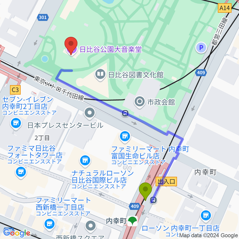 日比谷公園大音楽堂（日比谷野音）の最寄駅内幸町駅からの徒歩ルート（約5分）地図