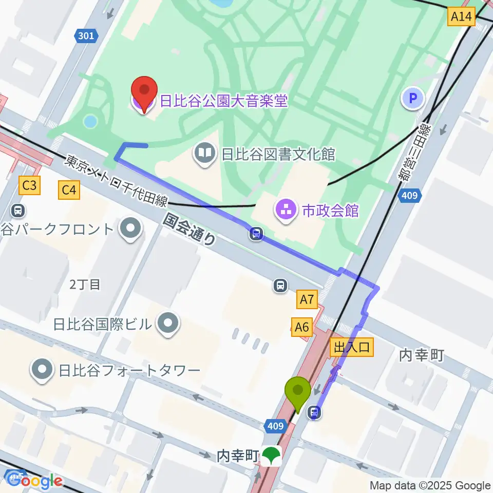 日比谷野音の最寄駅内幸町駅からの徒歩ルート（約5分）地図