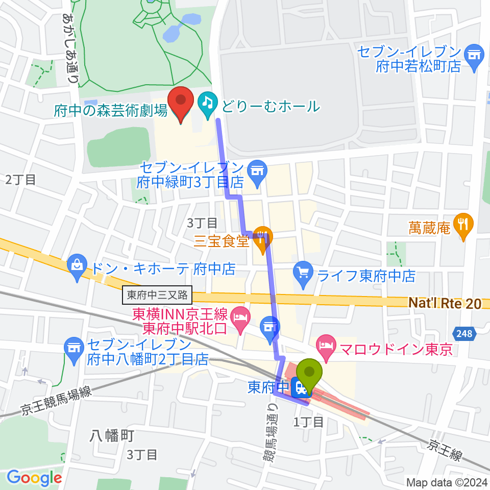 府中の森芸術劇場の最寄駅東府中駅からの徒歩ルート（約10分）地図