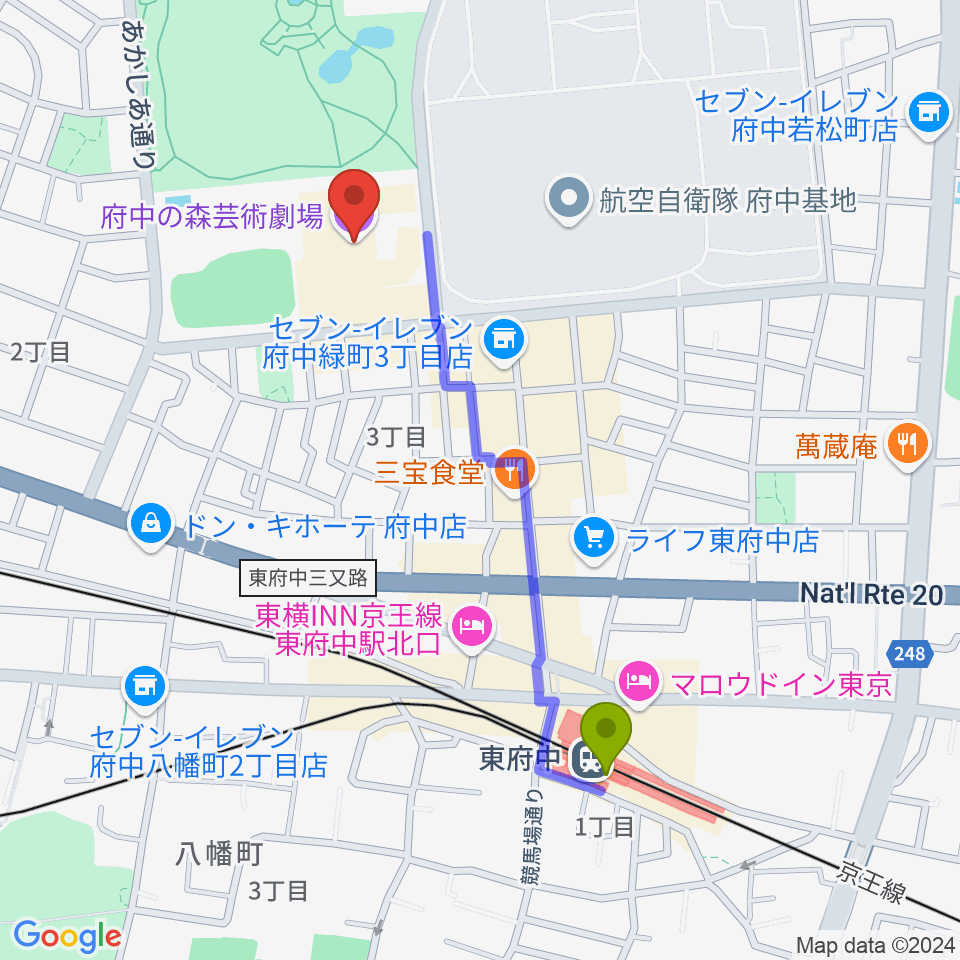 府中の森芸術劇場の最寄駅東府中駅からの徒歩ルート（約10分）地図