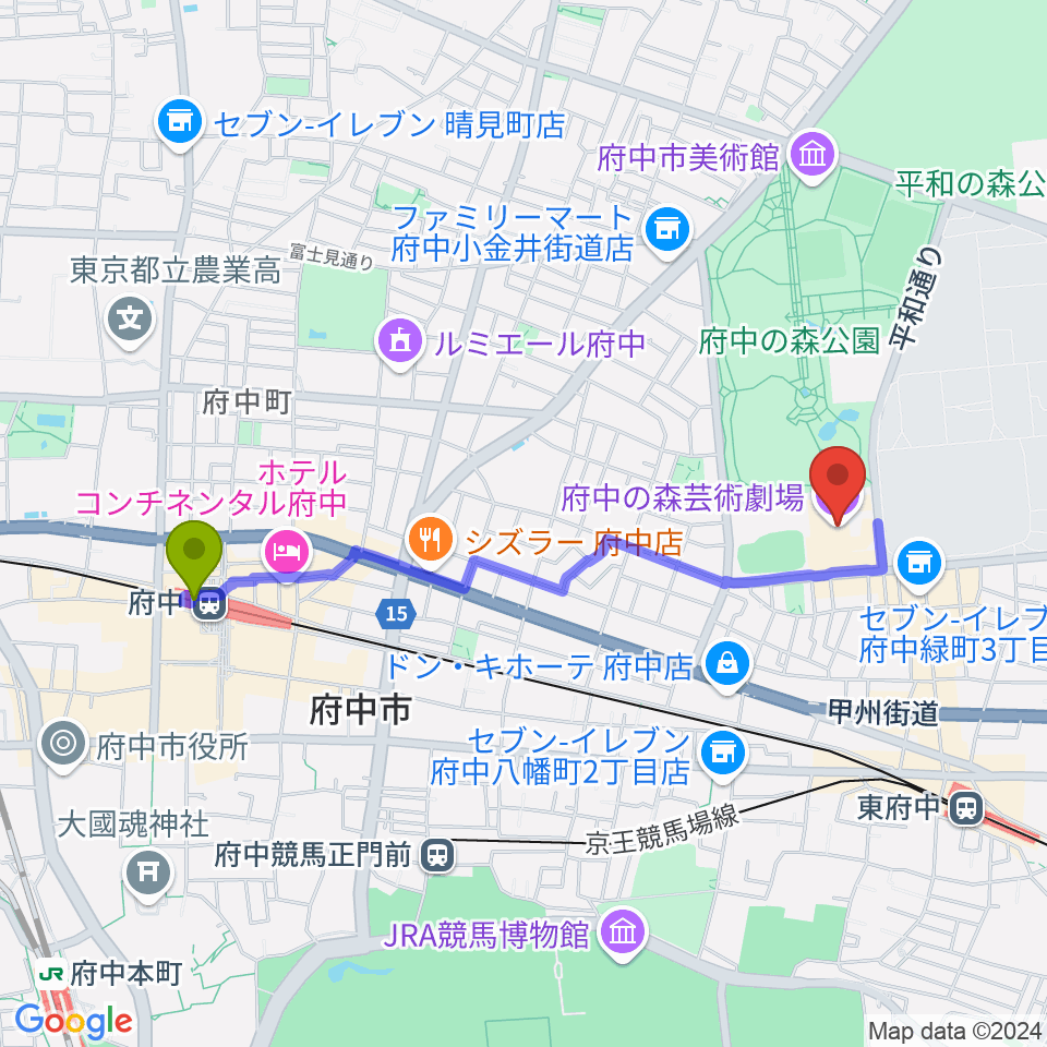 府中駅から府中の森芸術劇場へのルートマップ地図