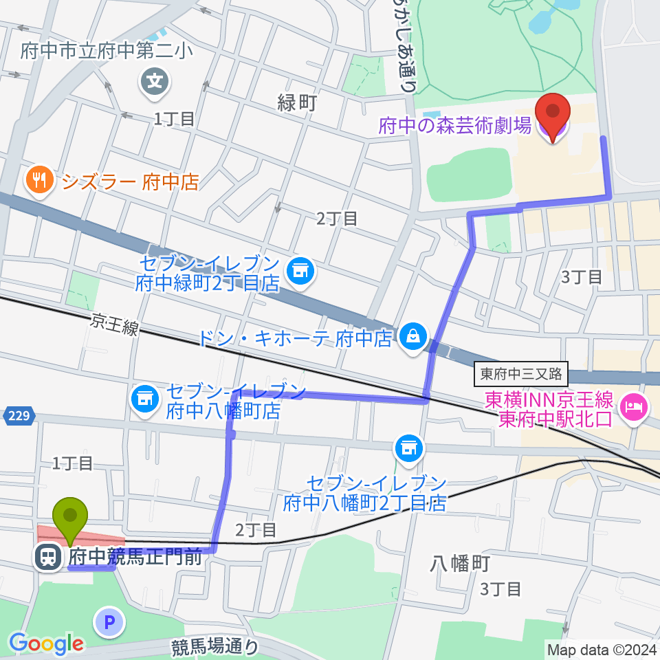 府中競馬正門前駅から府中の森芸術劇場へのルートマップ地図