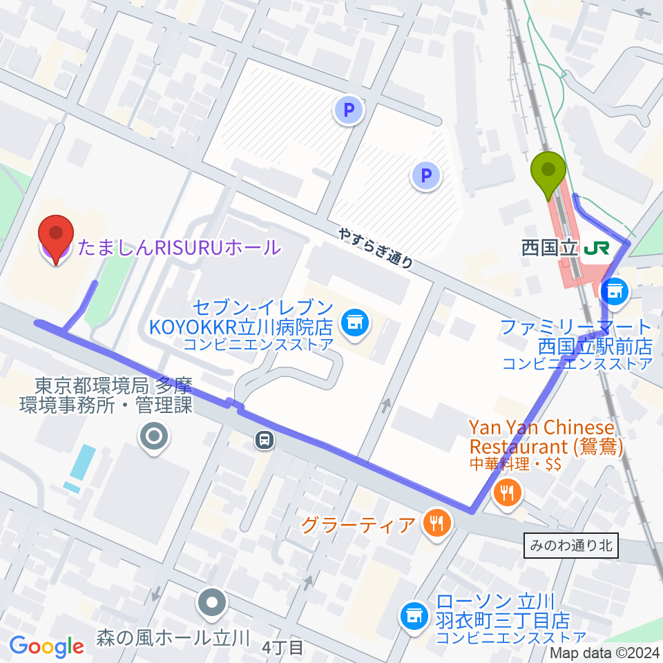 たましんRISURUホールの最寄駅西国立駅からの徒歩ルート（約6分）地図