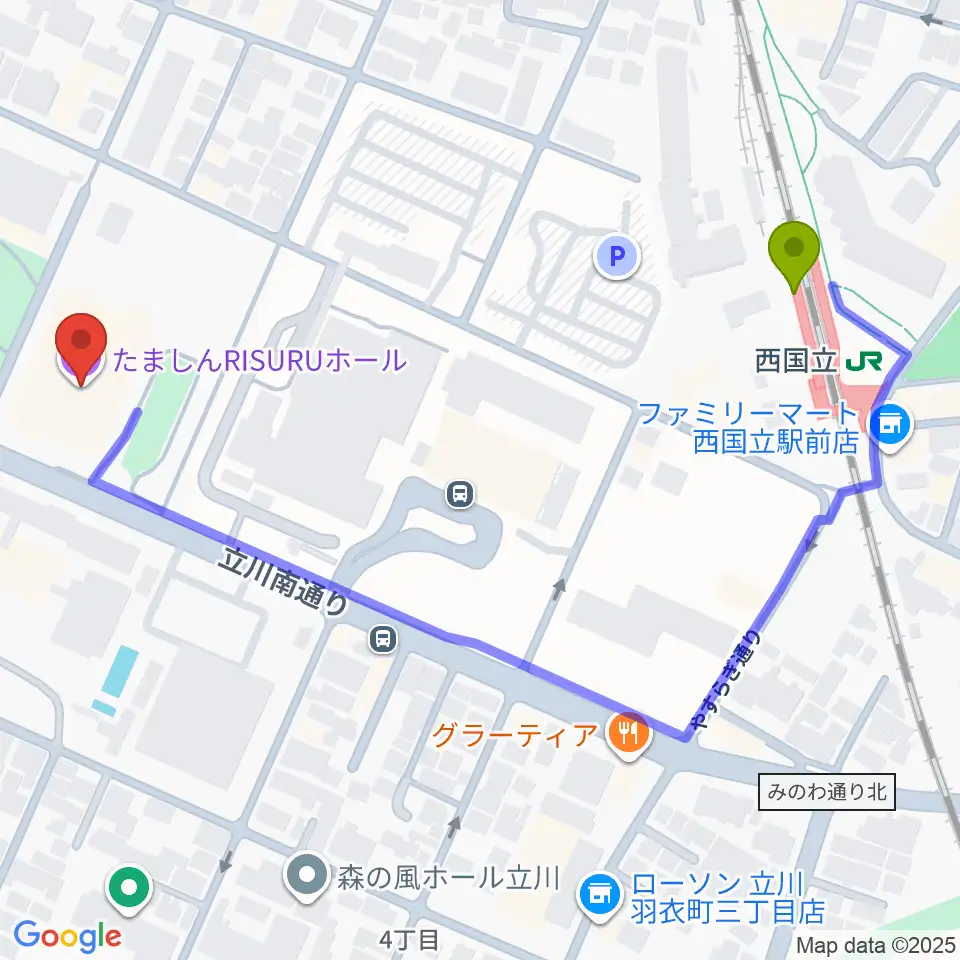たましんRISURUホールの最寄駅西国立駅からの徒歩ルート（約6分）地図