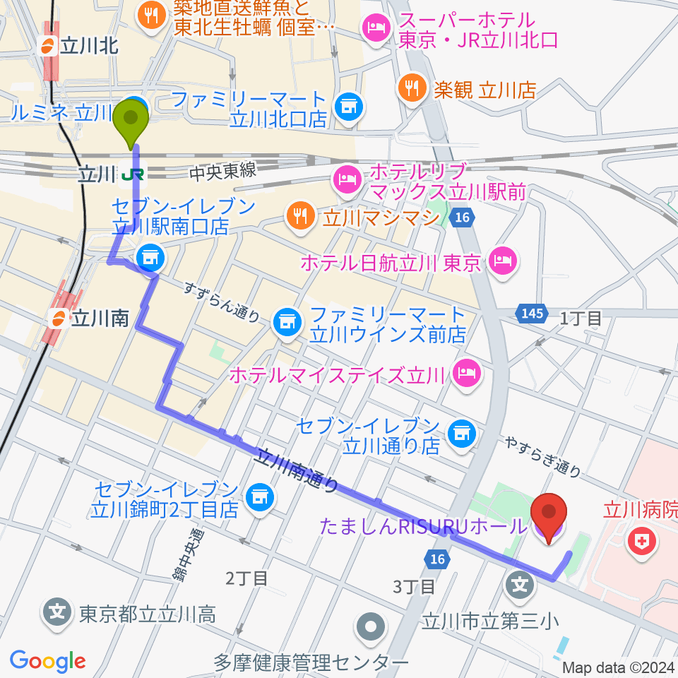 立川駅からたましんRISURUホールへのルートマップ地図