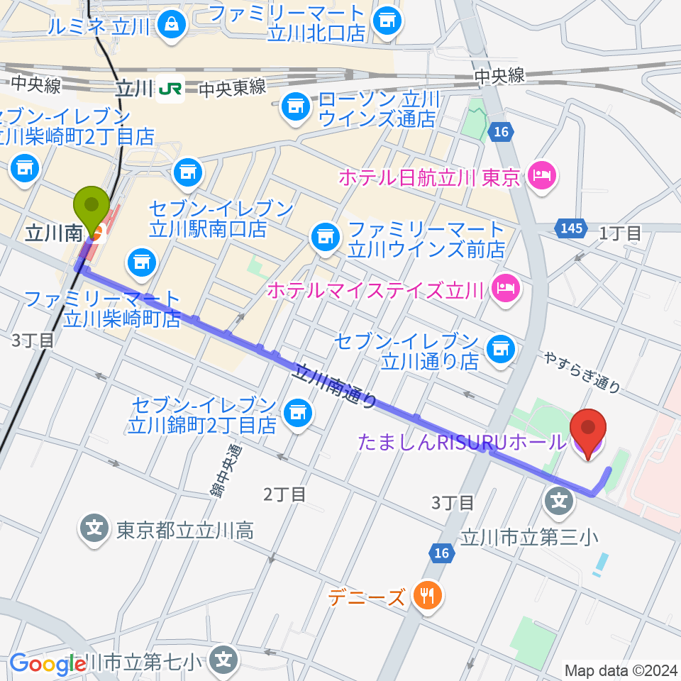 立川南駅からたましんRISURUホールへのルートマップ地図