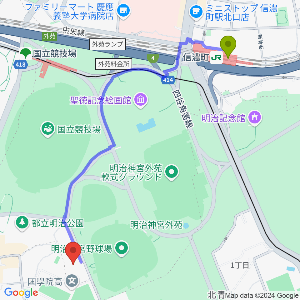 信濃町駅から日本青年館ホールへのルートマップ地図