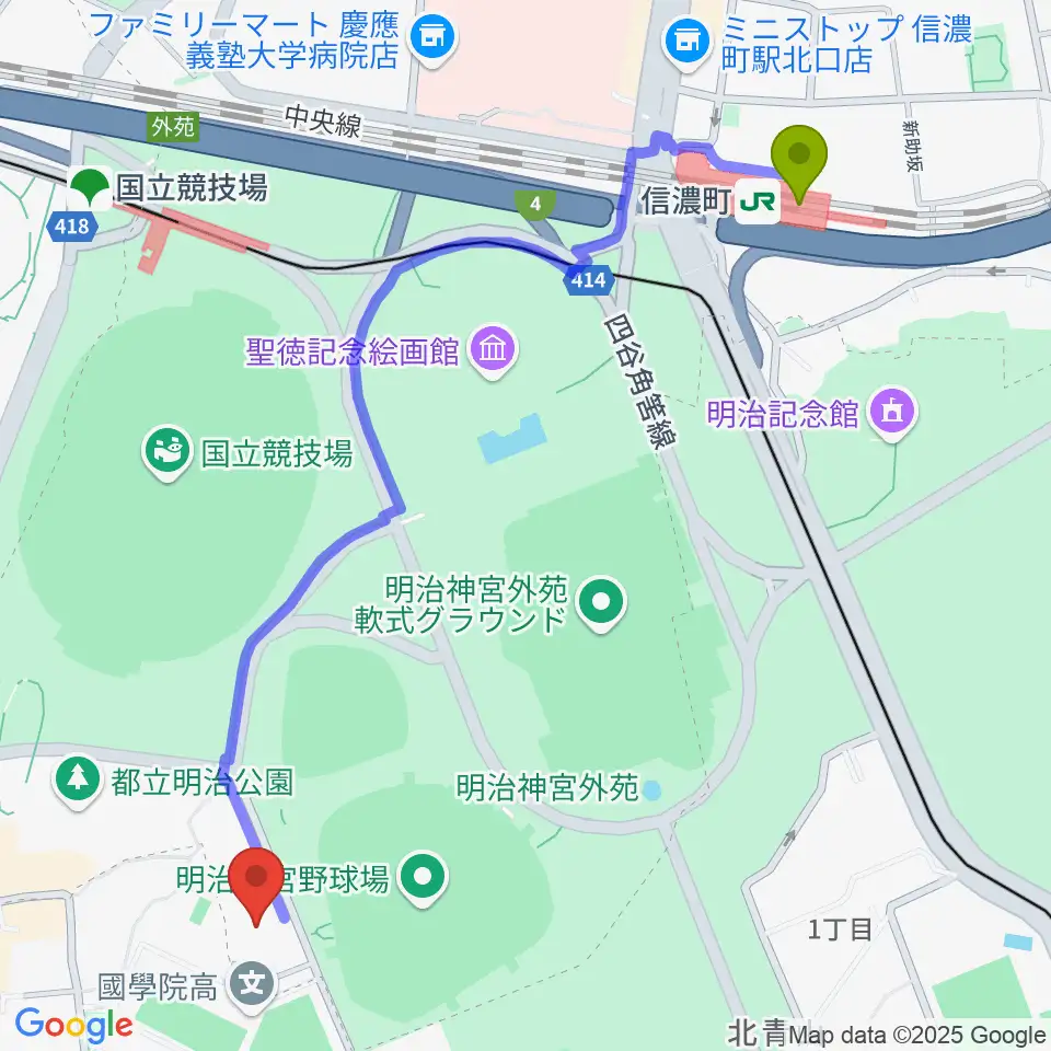 信濃町駅から日本青年館ホールへのルートマップ地図