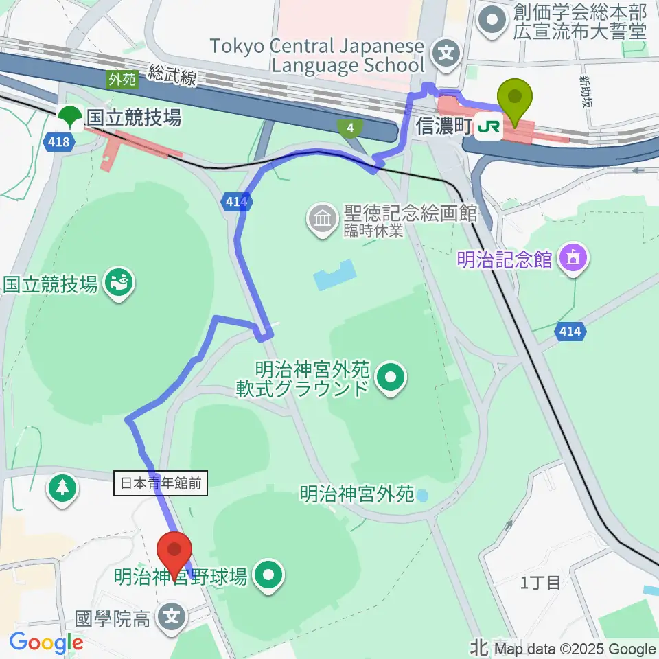 信濃町駅から日本青年館ホールへのルートマップ地図