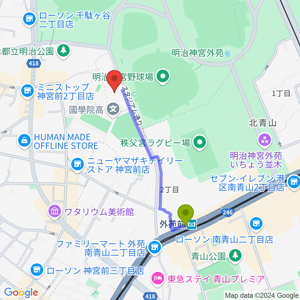 日本青年館ホールの最寄駅外苑前駅からの徒歩ルート（約8分）地図