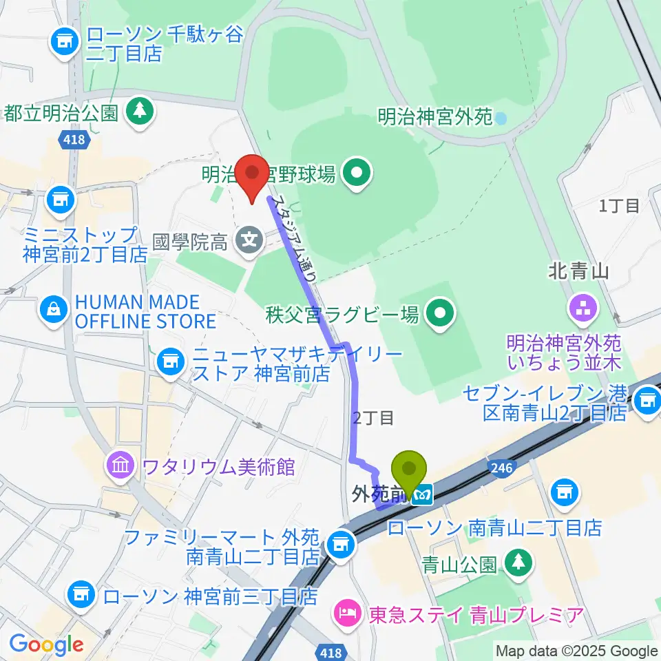 日本青年館ホールの最寄駅外苑前駅からの徒歩ルート（約8分）地図