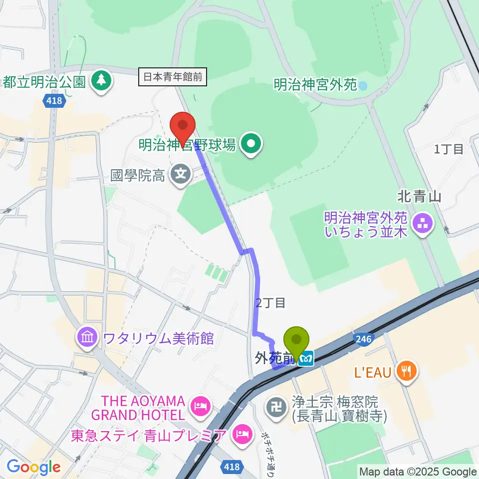 日本青年館ホールの最寄駅外苑前駅からの徒歩ルート（約8分）地図