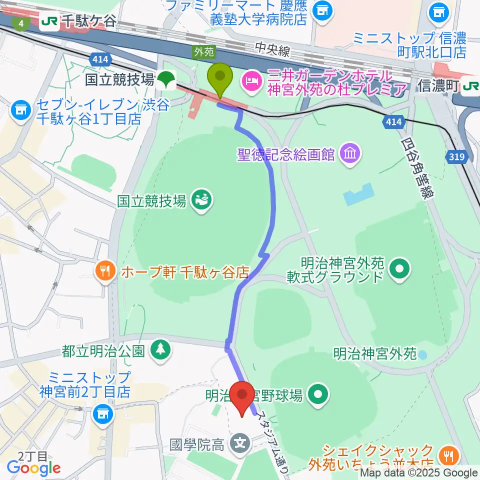 国立競技場駅から日本青年館ホールへのルートマップ地図