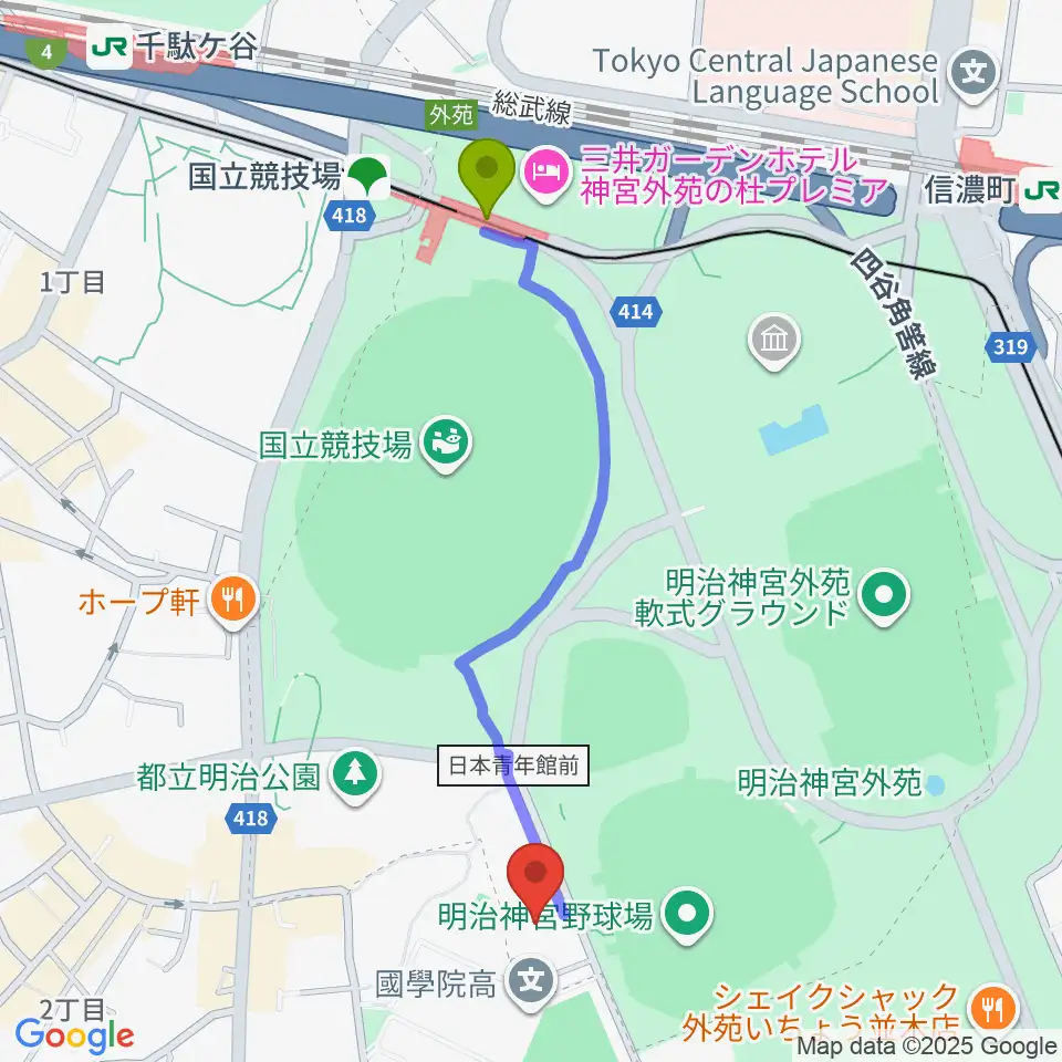 国立競技場駅から日本青年館ホールへのルートマップ地図