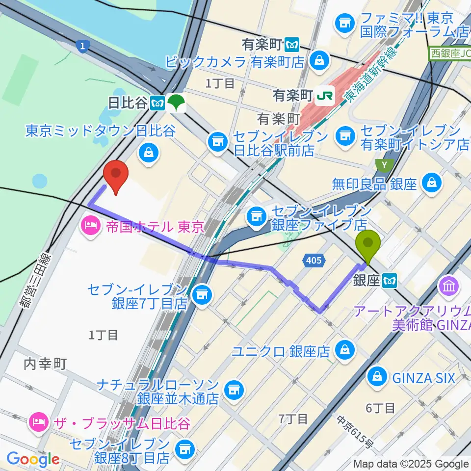 銀座駅から日生劇場へのルートマップ地図