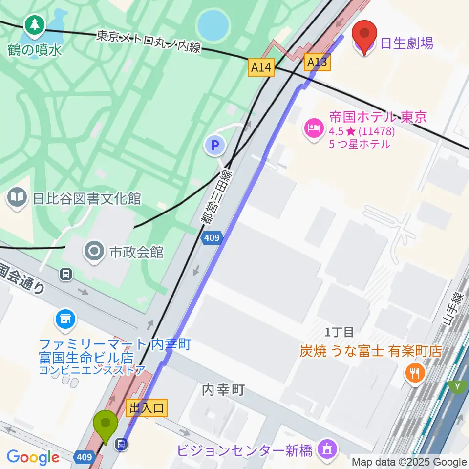 内幸町駅から日生劇場へのルートマップ地図