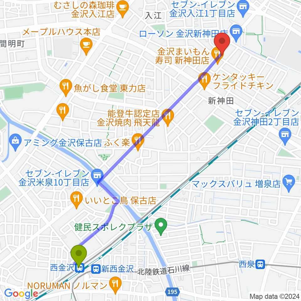 西金沢駅から北陸楽器へのルートマップ地図
