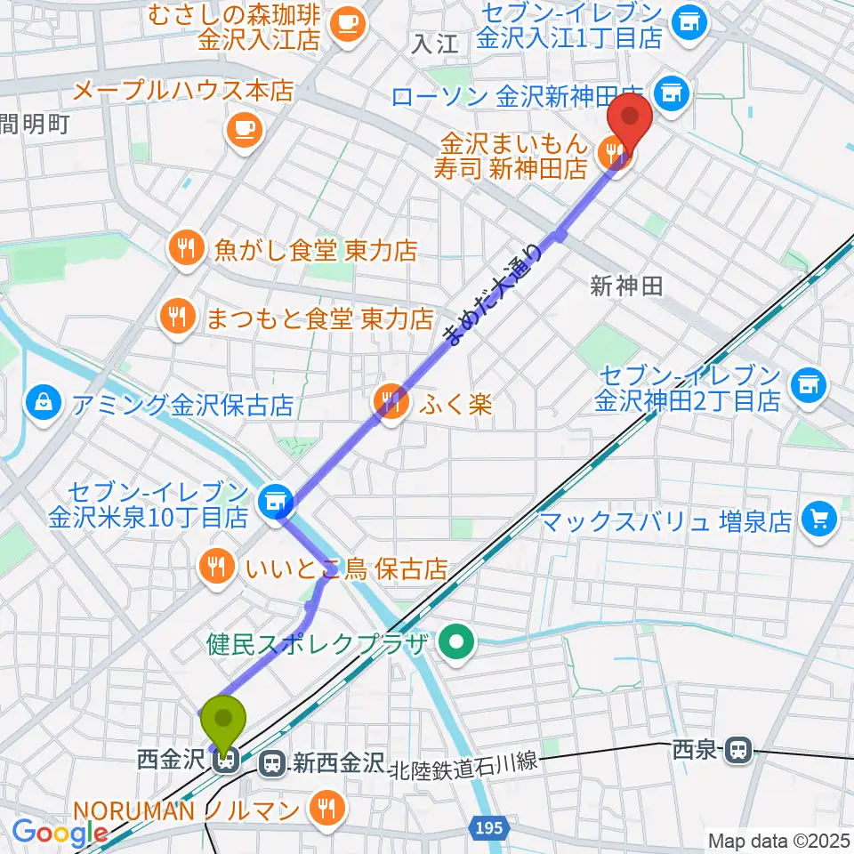 西金沢駅から北陸楽器へのルートマップ地図