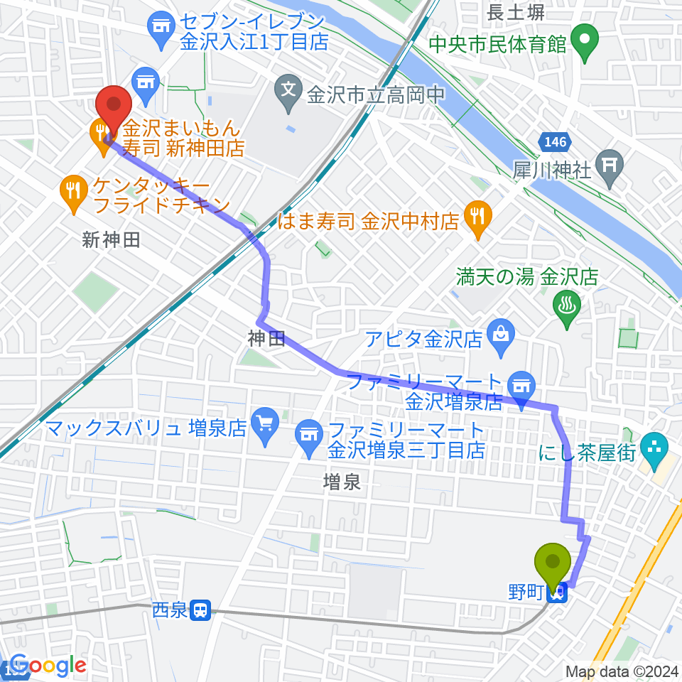 野町駅から北陸楽器へのルートマップ地図