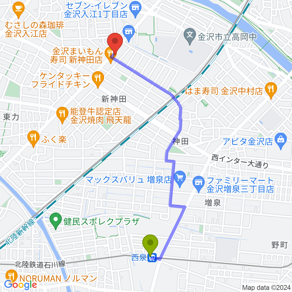 北陸楽器の最寄駅西泉駅からの徒歩ルート（約21分）地図