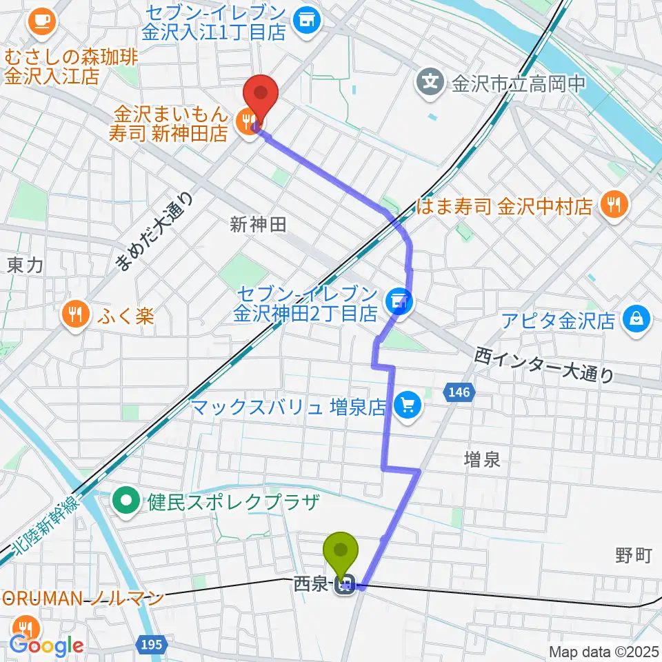 北陸楽器の最寄駅西泉駅からの徒歩ルート（約21分）地図