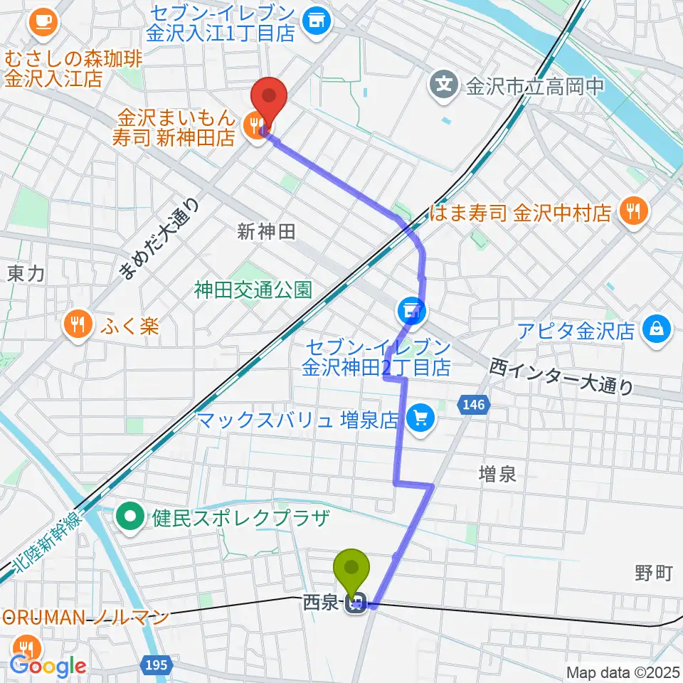 北陸楽器の最寄駅西泉駅からの徒歩ルート（約21分）地図