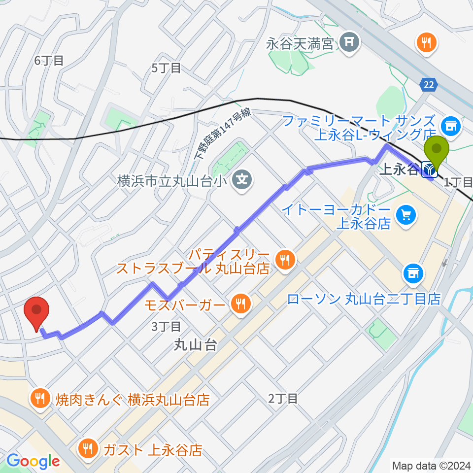 上永谷駅から森真理マンドリン教室へのルートマップ地図