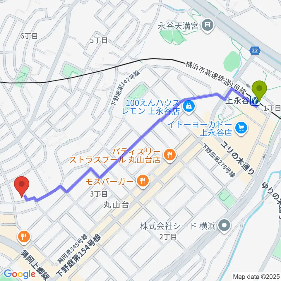 上永谷駅から森真理マンドリン教室へのルートマップ地図