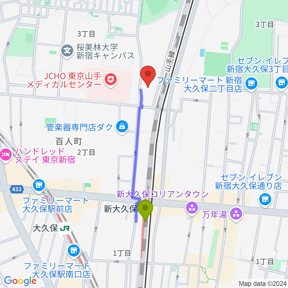 東京グローブ座の最寄駅新大久保駅からの徒歩ルート（約7分）地図