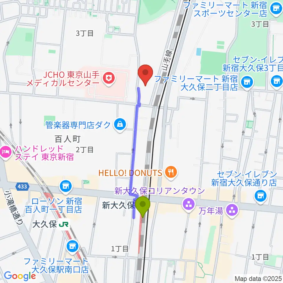 東京グローブ座の最寄駅新大久保駅からの徒歩ルート（約7分）地図