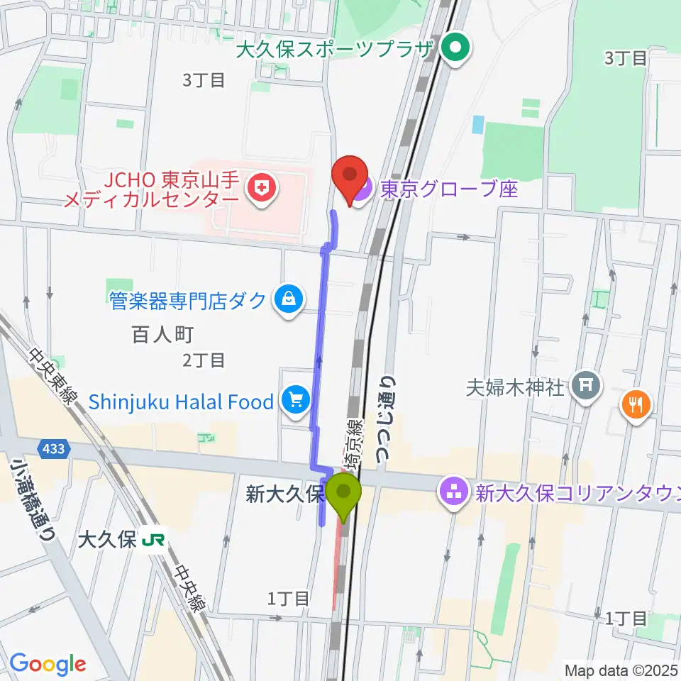東京グローブ座の最寄駅新大久保駅からの徒歩ルート（約7分）地図