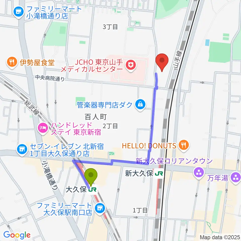 大久保駅から東京グローブ座へのルートマップ地図