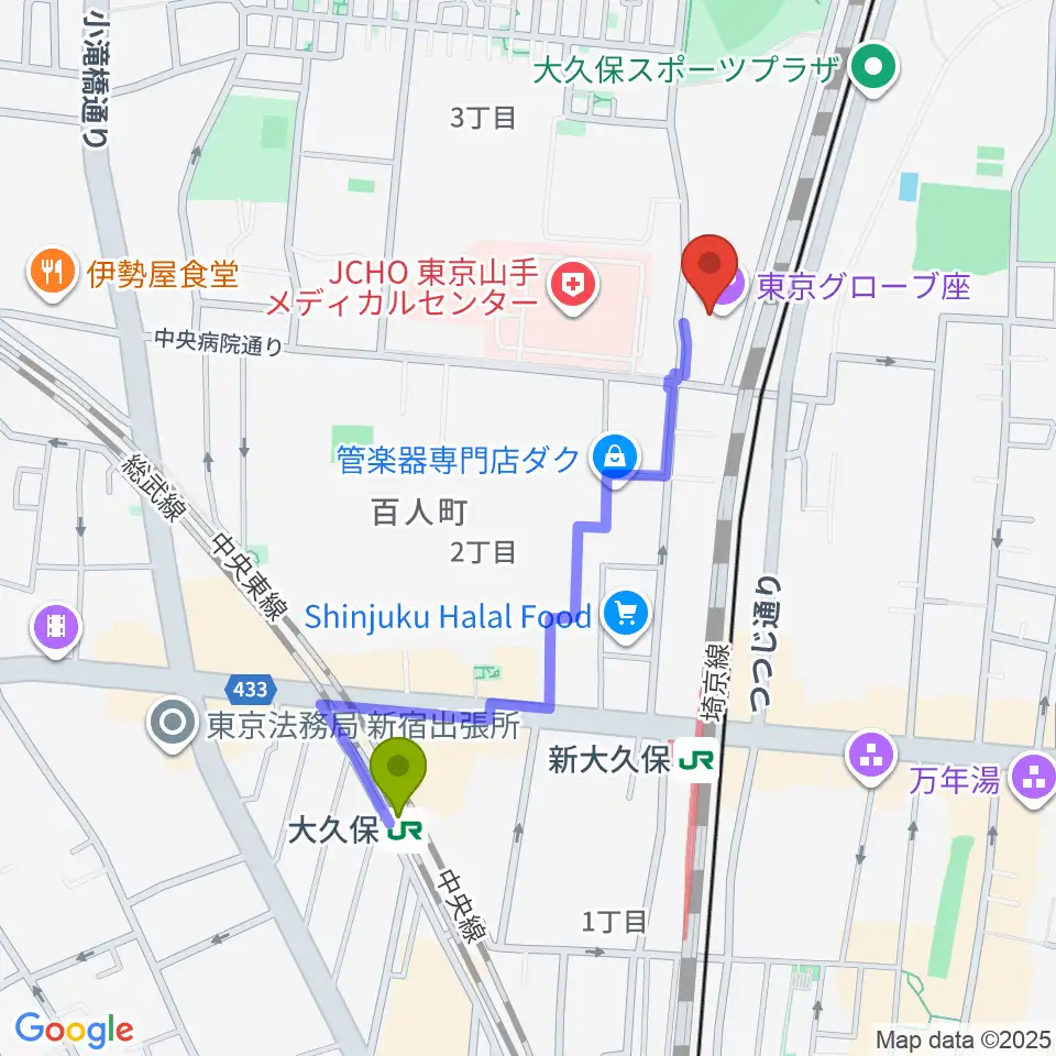 大久保駅から東京グローブ座へのルートマップ地図