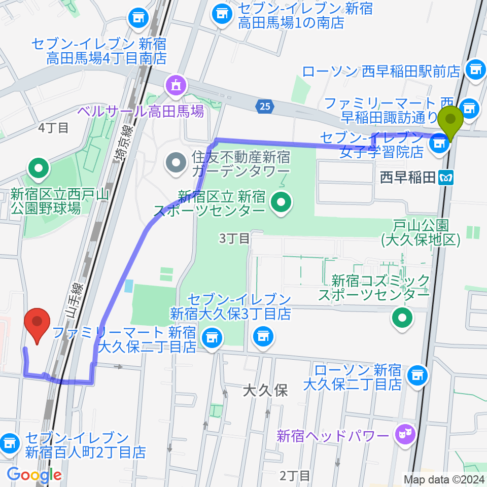 西早稲田駅から東京グローブ座へのルートマップ地図