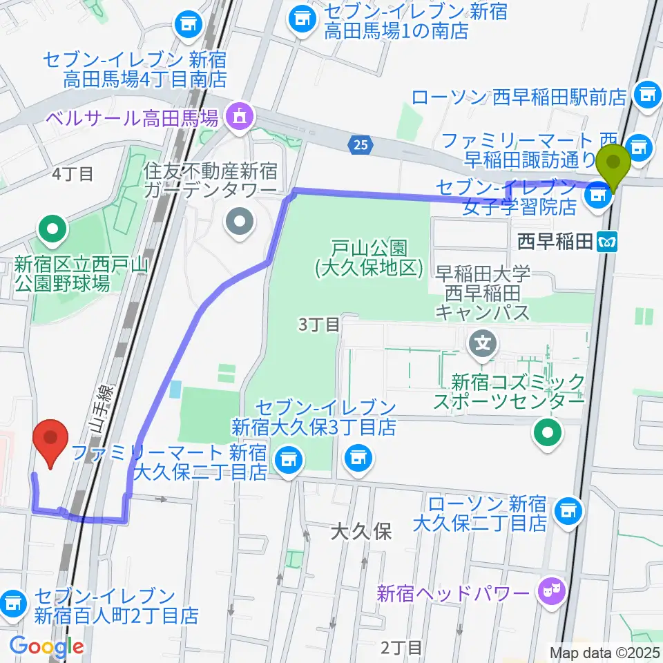 西早稲田駅から東京グローブ座へのルートマップ地図