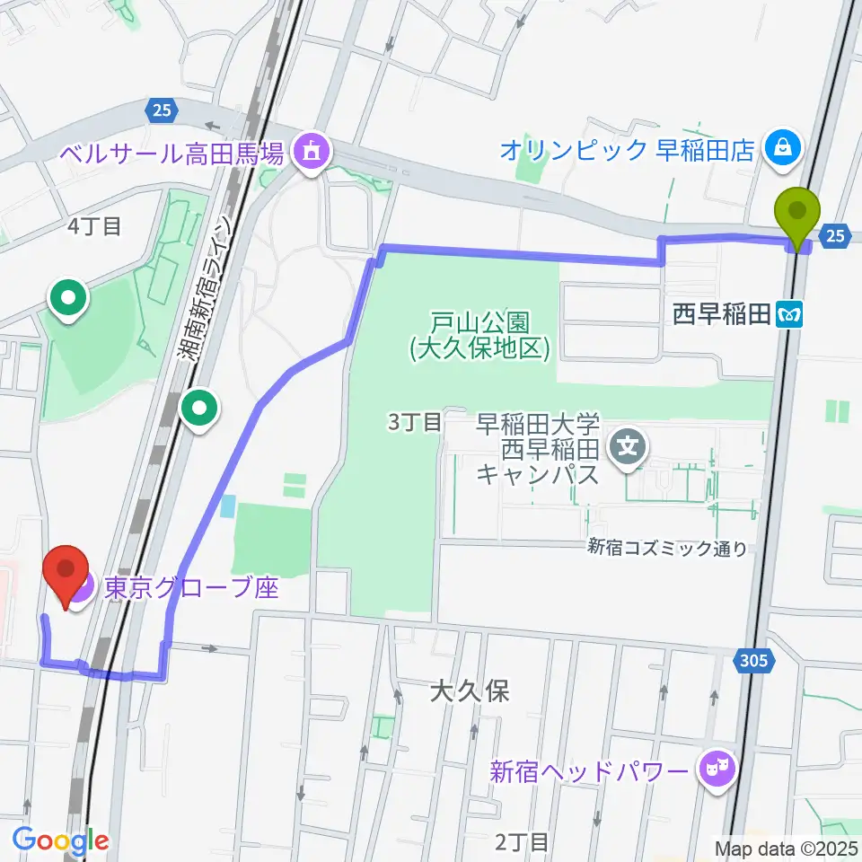 西早稲田駅から東京グローブ座へのルートマップ地図