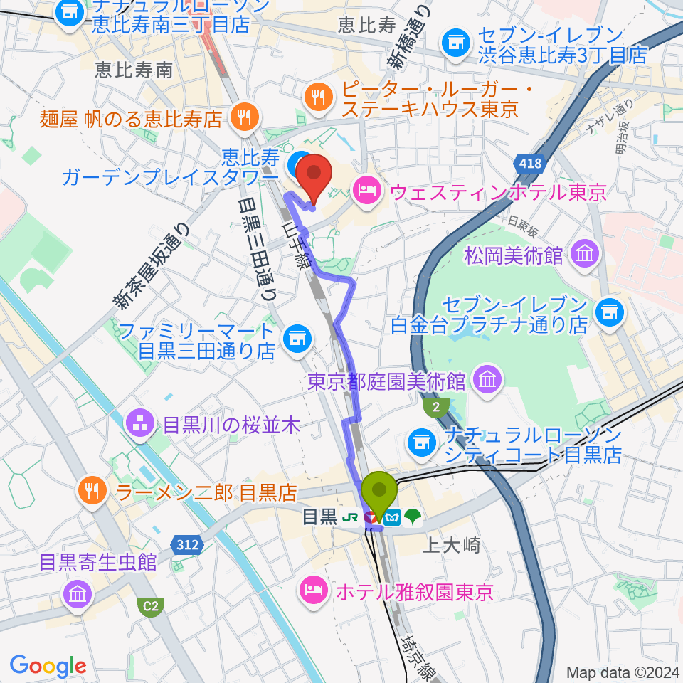 目黒駅から恵比寿ザ・ガーデンホール/ルームへのルートマップ地図