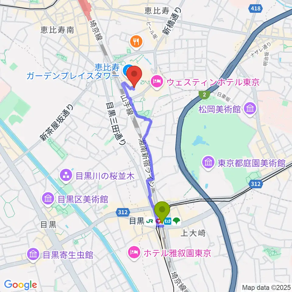 目黒駅から恵比寿ザ・ガーデンホール／ルームへのルートマップ地図