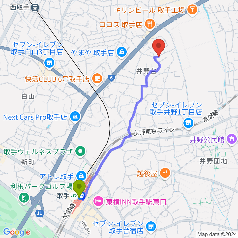 取手駅から亀井ギター・スクールへのルートマップ地図