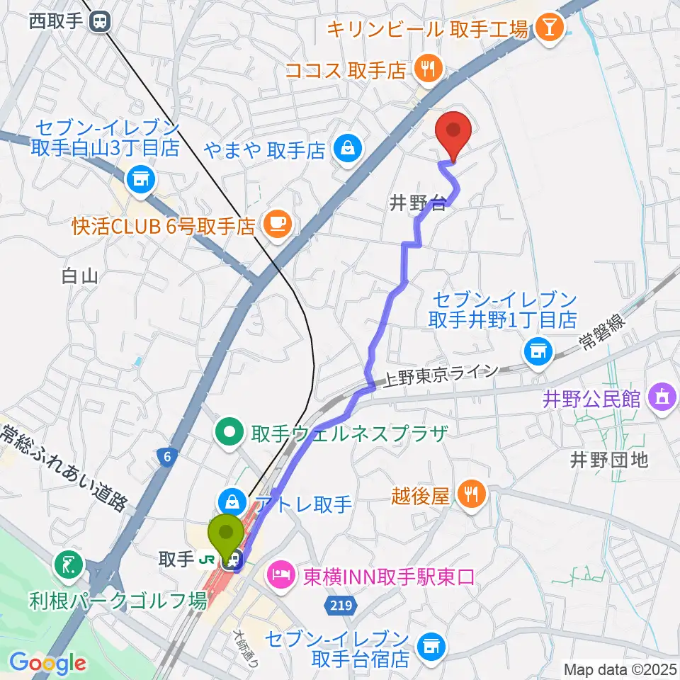 取手駅から亀井ギター・スクールへのルートマップ地図