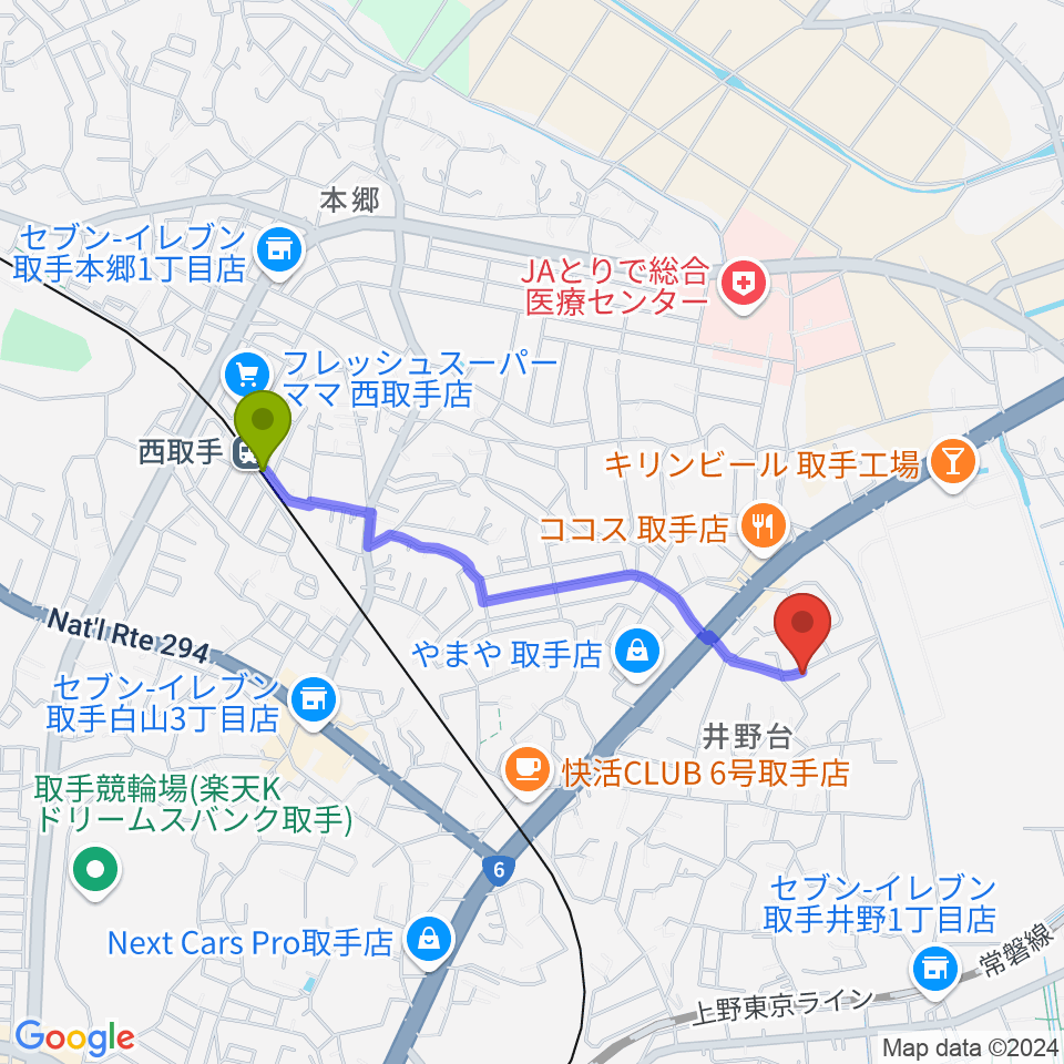 亀井ギター・スクールの最寄駅西取手駅からの徒歩ルート（約17分）地図