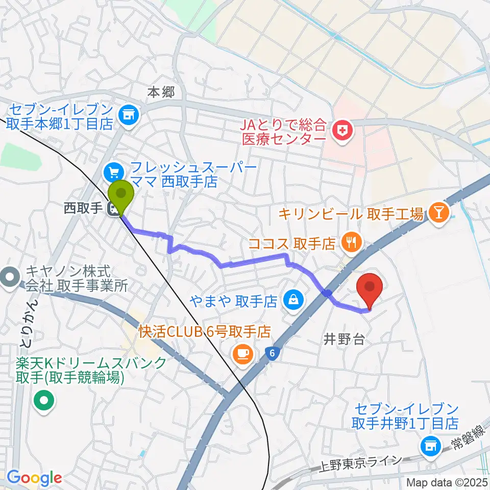 亀井ギター・スクールの最寄駅西取手駅からの徒歩ルート（約17分）地図