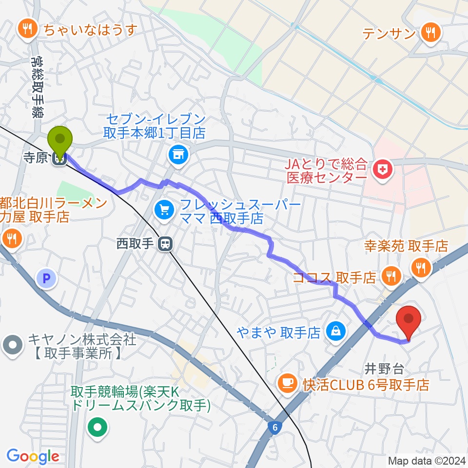 寺原駅から亀井ギター・スクールへのルートマップ地図