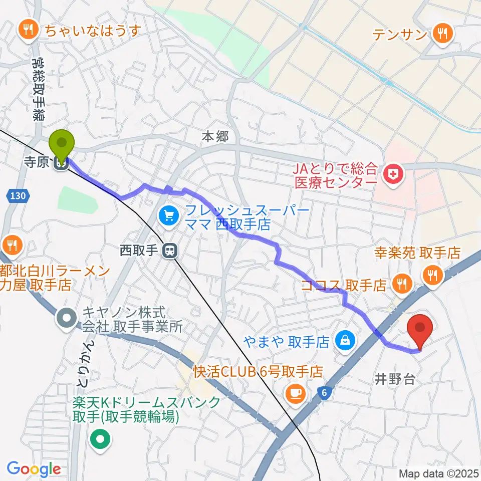 寺原駅から亀井ギター・スクールへのルートマップ地図