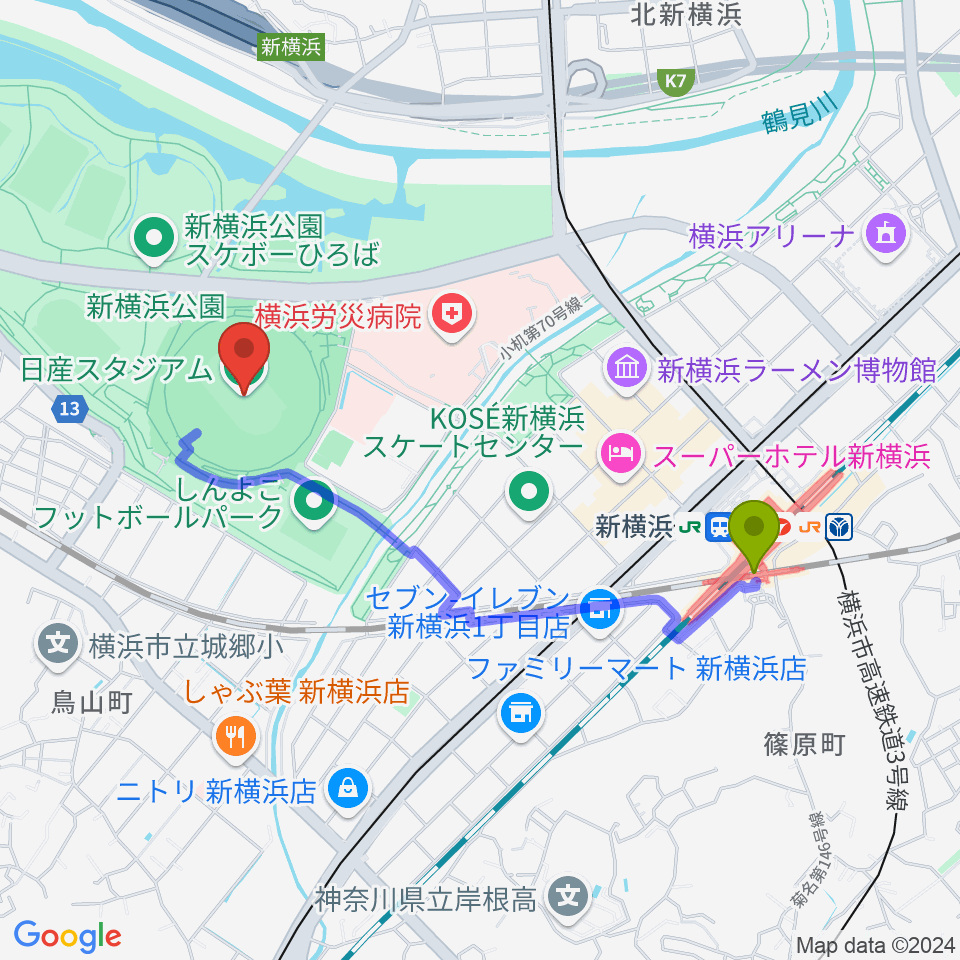 新横浜駅から日産スタジアムへのルートマップ地図